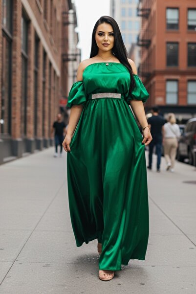 Intisimo Rochie de damă, lungă, satin, talie cu șnur, verde