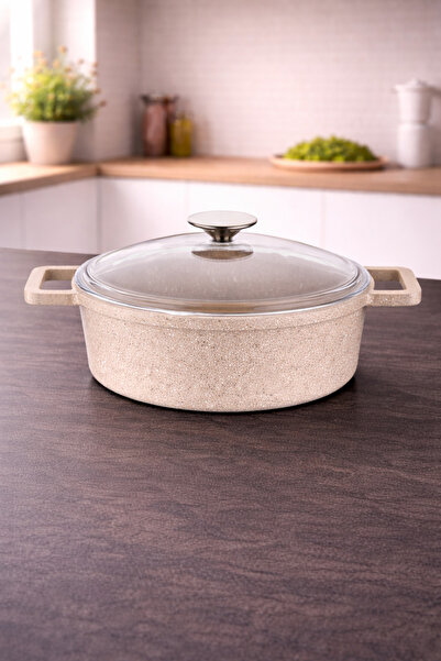 LAVONNI وعاء جرانيت مصبوب من إيليكسس مقاس 26 سم، غطاء زجاجي، غير قابل للالتصاق