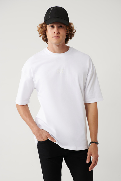 Avva Men's White 100% Cotton Crew Neck Printed Oversize Fit T-Shirt A41Y1325