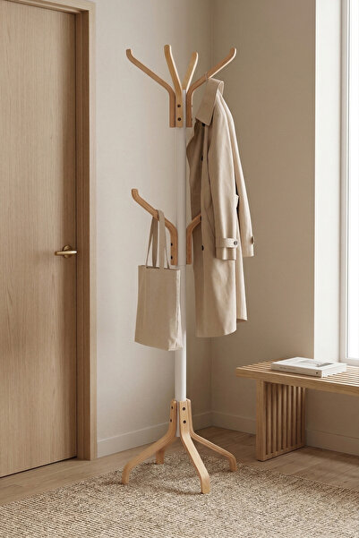 VİLİNZE Vesti Ahşap Kestane Ayaklı Beyaz Metal Portmanto Elbise Askılık