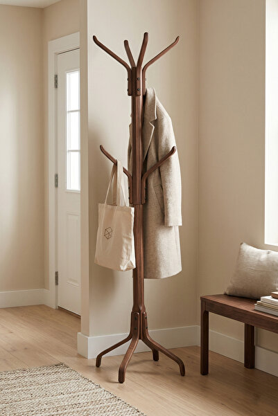 VİLİNZE Vesti Ahşap Ayaklı Kestane Portmanto Elbise Askılığı