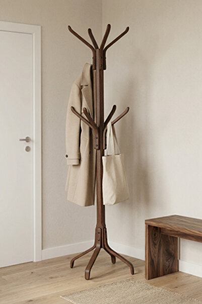 VİLİNZE Vesti Ahşap Ayaklı Kestane Portmanto Elbise Askılığı