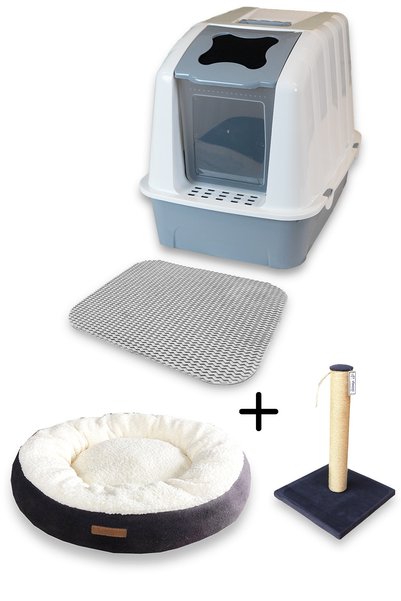 Kurtbay Şekil XXL Kapalı kedi tuvaleti + Simit Yatak + Tırmalama + Paspas ked...