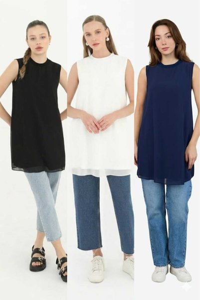 Puane Kadın LACİVERT - SİYAH - EKRU Renkler 3 Lü Set Kolsuz Önü Şifon Detaylı Tunik/İçlik 10270