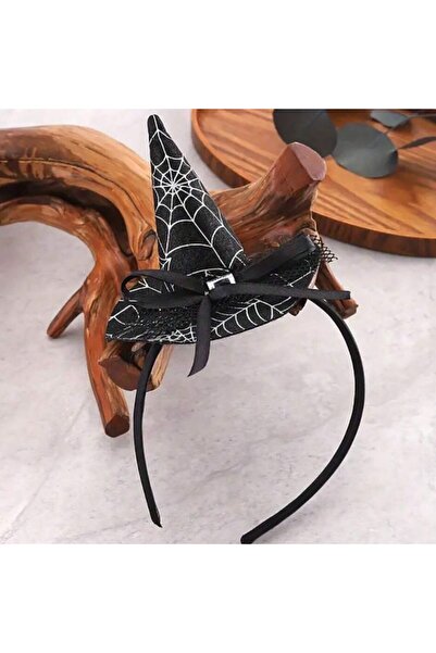 partidolu Halloween Gümüş Renk Ağ Desenli Tüllü Kurdeleli Cadı Şapkası Şeklin...