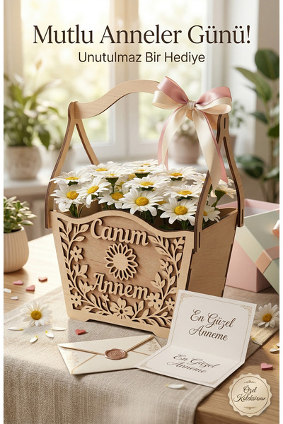 GÜL MZC Özel Tasarım Ahşap Papatya Sepeti - "Canım Annem" Yazılı Anneler Günü...