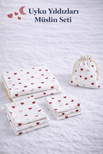 MORE HOME Baby Muslin Cloth Blanket Set 6 Pieces Heart Patterned White Red