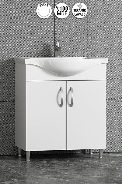 ÖZCEDEN Yıldız 65 cm Beyaz MDF Seramik Lavabolu Ayaklı Banyo Alt Dolabı