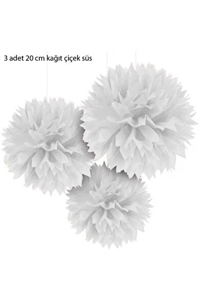 partidolu Beyaz Renk Pelur Kağıt Ponpon Çiçek Asma Süs 25 cm 3 Adet gösteri y...