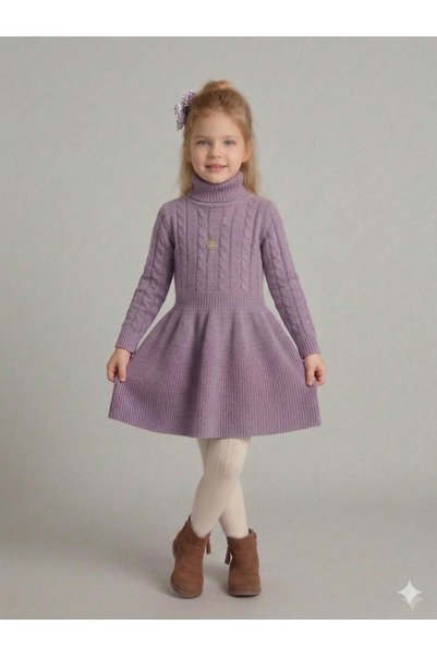 CLOUDY WEAR&DESİGN Girl's Hair Braided Turtleneck Knitwear Dress