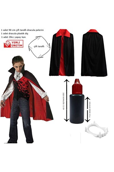 partidolu Kırmızı Siyah 90 cm Çift Taraflı Drakula Vampir Pelerini Kanı Dişi ...
