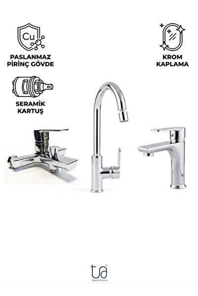 T.U.A. ARMATÜR 3’lü Batarya Seti- Krom Lüks Mutfak Eviye + Lavabo + Banyo Duş...