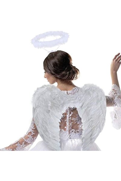 partidolu Beyaz Renk Melek Kanadı ve Hare Taç Set 55x36 cm Gösteri İçin