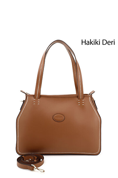 GÖNDERİ(R) حقيبة يد وكتف نسائية من الجلد الطبيعي باللون البني الفاتح