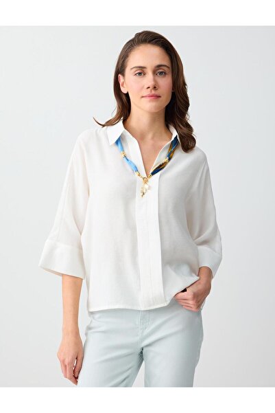 Jimmy Key Λευκό πουκάμισο με γιακά και μανίκια τριών τετάρτων, υφαντή μπλούζα...