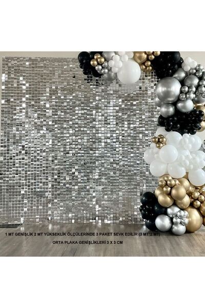 partidolu 3 Adet Gümüş Renk Fon Perdesi Folyo Dekor Süsü 2x1 mt retro