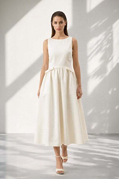 Setre Cream-Colored 100% Cotton Comfortable Cut Midi Dress with Stone and Wai...