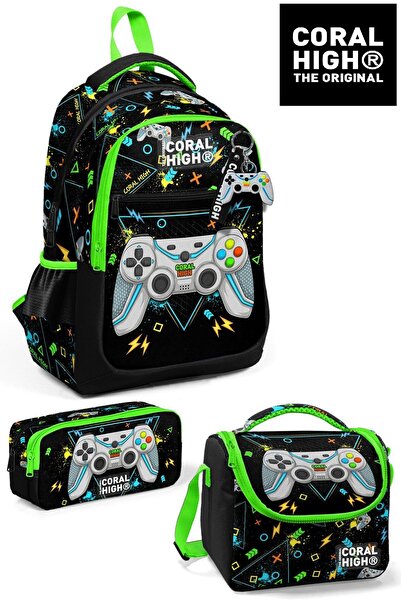 Coral High Siyah Fosforlu Yeşil- Gamer Desenli 3’lü Okul Çantası