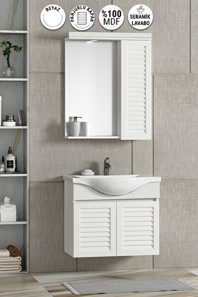 ÖZCEDEN Lilyum 55 cm Beyaz MDF Panjurlu Balon Kapak Seramik Lavabolu Asma Ban...