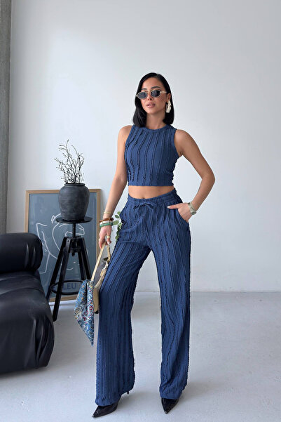 ARK MAĞAZALARI Halter Neck Crop Trousers Set Women's Stylish Summer Ribbed