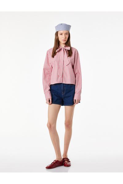 Koton Tie-Detail Checkered Long Sleeve Bowknot Poplin Shirt