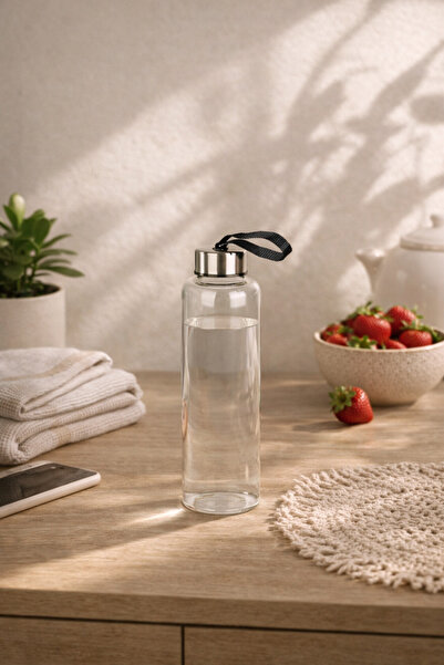 H2O Sızdırmaz Metal Kapaklı İpli Cam Matara Su Şişesi 750 ml