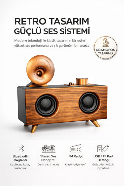 Maybax Gramafon Tasarımlı Radyolu Müzik Çalar 3d Yüksek Ses Kalitesi USB TF K...