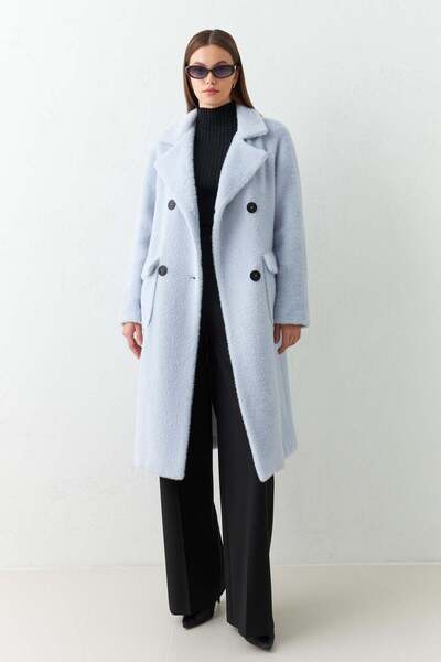 Setre Bebe Mavi Uzun Düğme Detaylı Kürklü Kaban