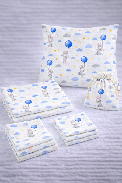 MORE HOME Baby Muslin Cloth Blanket Set 7 Pieces Blue Balloon Rabbit