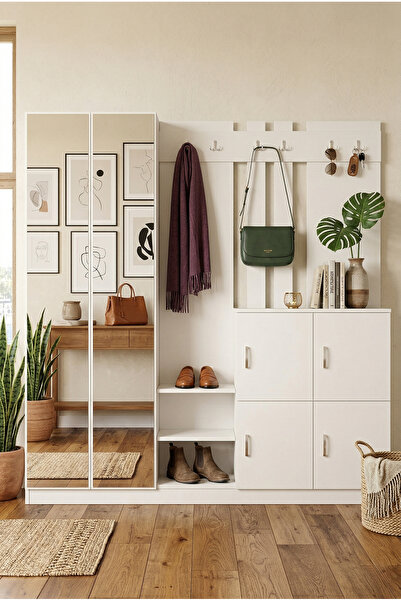 Robin Home Nova Aynalı Vestiyer Portmanto Ayakkabılık Beyaz