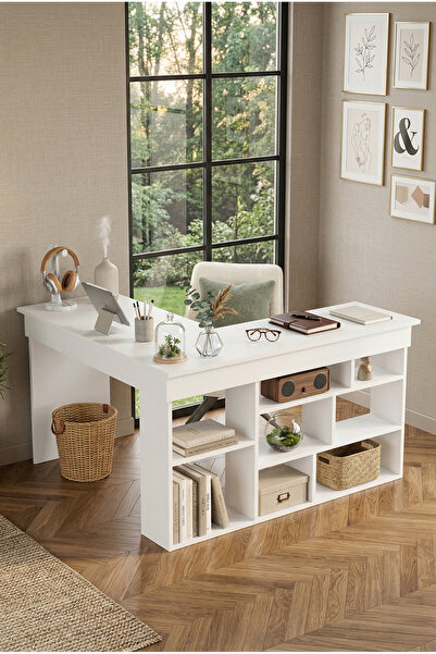 Robin Home Kitaplık Raflı Çalışma Masası L Masa Ofis Masası Beyaz