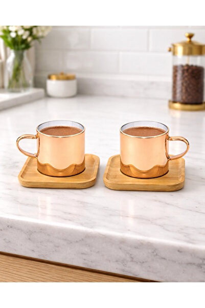 AiroBazar 2’li Borosilikat Fincan Seti Kare Bambu Altlıklı – Isıya Dayanıklı ...