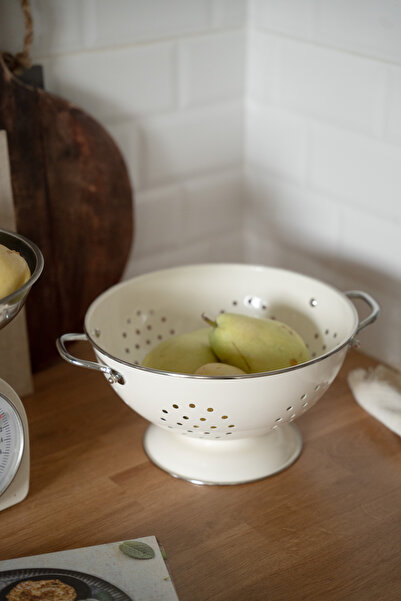 Dekorzdükkan Krem Emaye Kaplama Mutfak Süzgeci