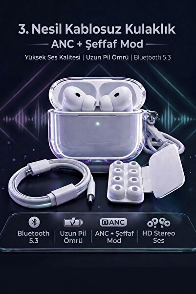 AuraPods Air Pro 3 ANC Kablosuz Bluetooth Kulaklık – Şeffaf Kılıf, Bluetooth ...