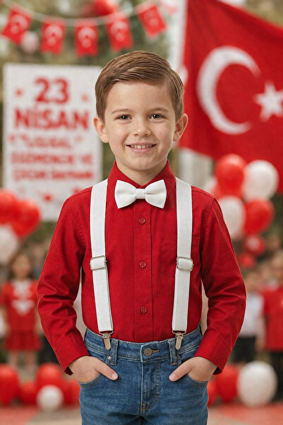 shop Erkek Çocuk Beyaz Renk Lastikli Ayarlanabilir Pantolon Askısı Ve Papyon ...