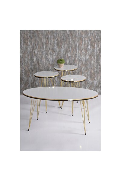 GOLDFALEZ Zigon Sehpa ve Orta Sehpa Elips Set Çift Gold Beyaz Tel