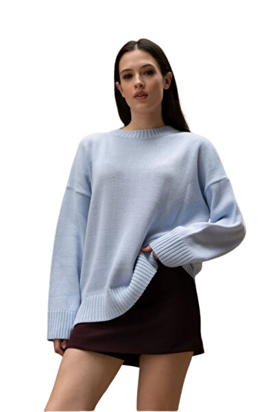 Blue Crew Neck Oversized Women's Knitwear Sweater