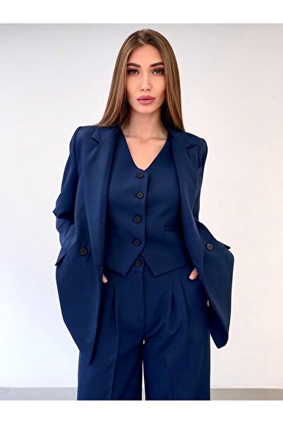 ossons Jachetă de damă ediție limitată vestă pantaloni palazzo Bleumarin Set ...