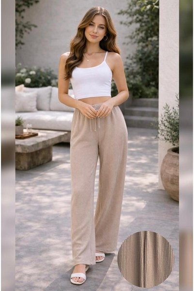 THEBEK Women's Bubble-Gofre Casual Summer Comfortable Loose-Fit Elastic Cuffed Trousers