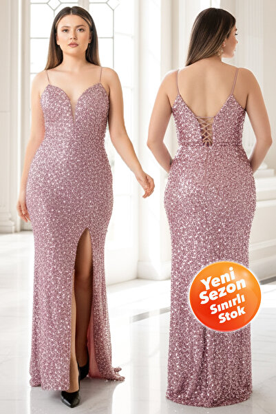 Modaviki Sırt Bağlama Detaylı Abiye Elbise Pembe MDV384