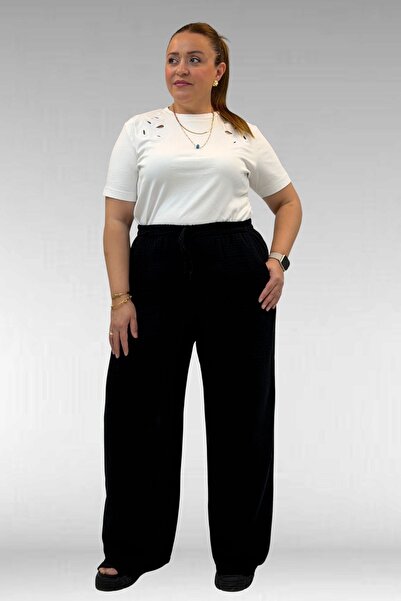 Eslina 59021 plus size elastic waist muslin wide leg pants - black
