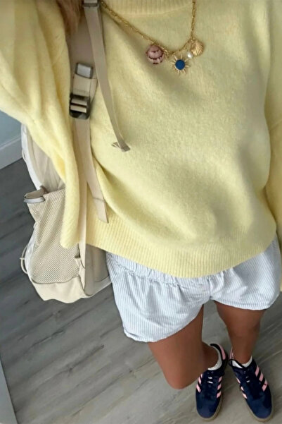 MODASPARK Limon Sarı Bisiklet Yaka Oversize Kadın Triko Kazak