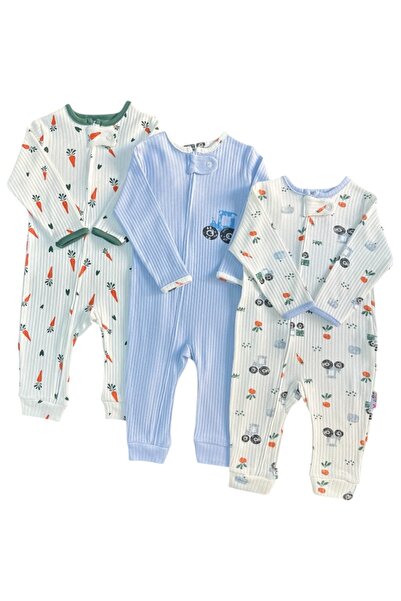 moukou %100 Pamuk 3’lü Bebek Tulum Seti Fermuarlı Patiksiz Fitilli Uzun Kollu...