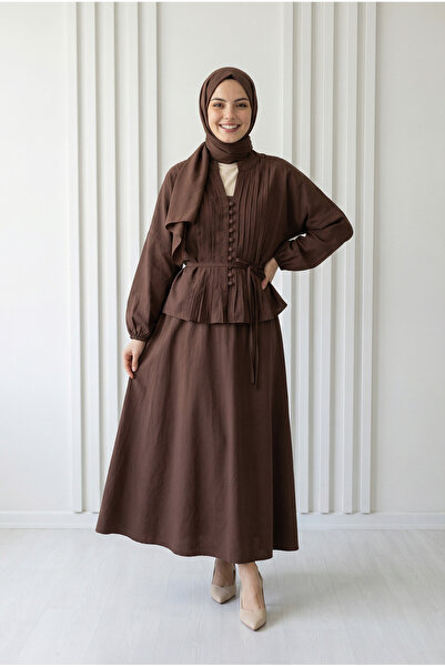 BENAHOLL Mila Önü Nervürlü Düğmeli Etekli Takım-EK814 Kahve