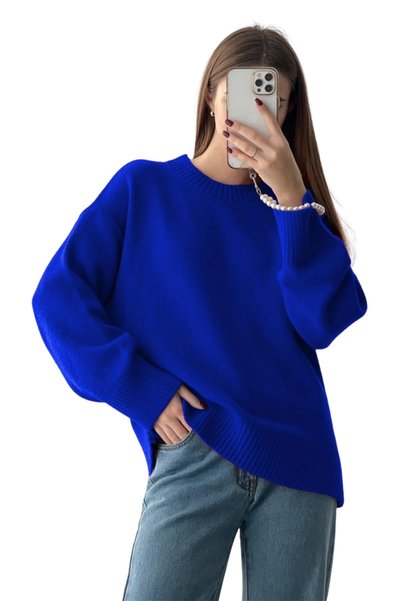 MODASPARK Cobalt Blue Crew Neck Oversize Women's Knit Sweater