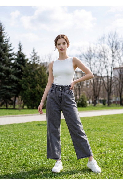 moda camiya Pantaloni de damă din denim, cu talie elastică, talie înaltă, cro...