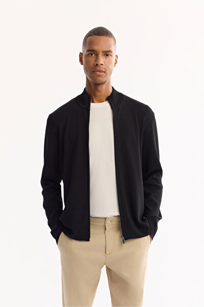 Avva سترة رجالية سوداء ياقة مرتفعة متوسطة الطول بسحّاب من الرايون غير قابلة ل...