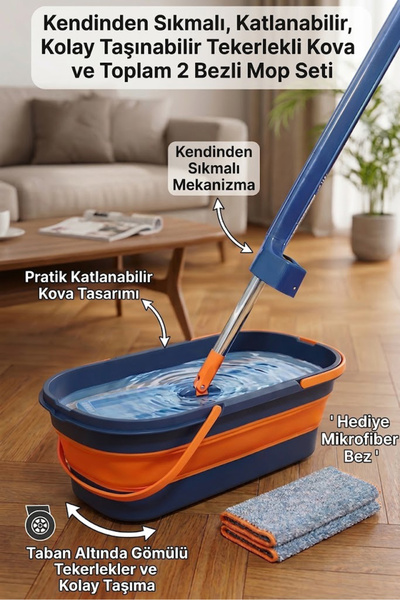 SİHİRLİ MOP Kendinden Sıkmalı Mop Tekerlekli Kovalı 1 Yedek Bez Hediyeli Mop ...