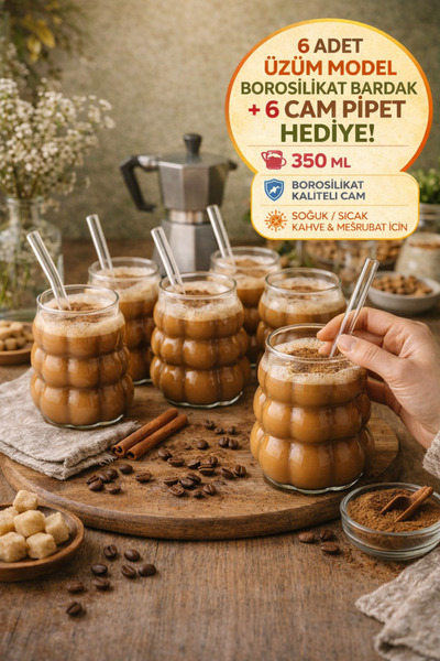 Open Home Concept 6 Adet Üzüm Model Borosilikat Kokteyl  Soğuk Sıcak Kahve Me...