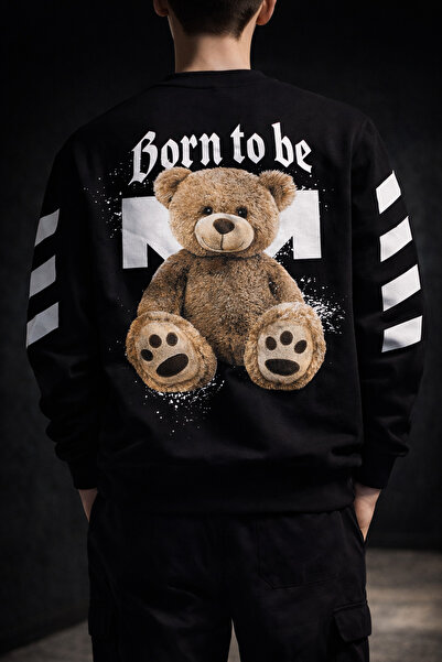 vulgariromania Men's Black Oversized Sweatshirt – Bear Teddy Born To Print St...